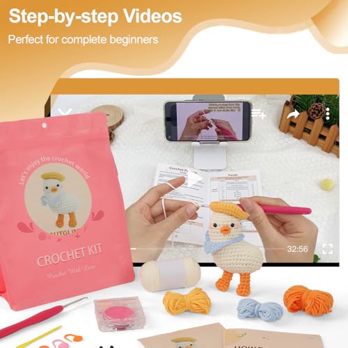 Image of Autglint Duck Crochet Kit for Beginners Adults & Kids, Amigurumi Learn to Crochet Starter Kit with 4K Step-by-Step Video Tutorials, Includes Pre-Started Yarn, Crochet Hooks & Accessories - White Duck