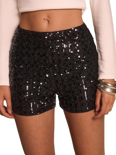 SOLY HUX Pailletten Kurze Hose Damen Party Outfit Sommer Hot Pants Glitzer Shorts Festival Outfit Sexy Clubwear Schwarz S