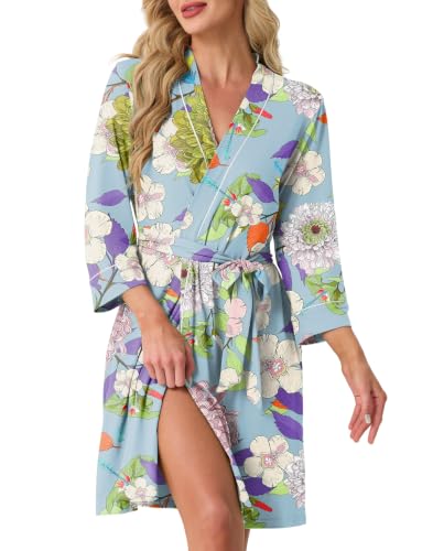 Image of PrinStory Womens Robe Knee Length Soft Knit Bathrobe S-2XL | V-Neck 3 /4 Sleeve Robes with Pockets, Lightweight, Breathable Bath Robe for Shower, Spa, Travel, Home, Party, Nursing