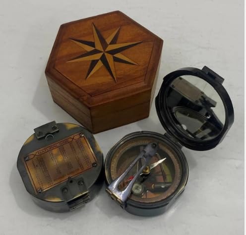 Brújula de reloj de sol antigua de latón con caja prismática de madera – Instrumento de navegación vintage y regalo coleccionable miniatura 4
