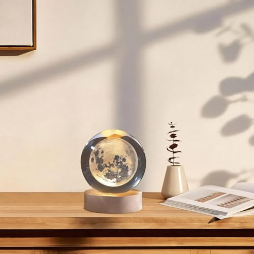 Image of 3D Crystal Ball Night Light with Wooden Base, Aesthetic Clear LED Lamp for Home and Bedroom Touch Switch, Warm Light for Kids and Teens Perfect Birthday & Anniversary (Crystal Moon Lamp)