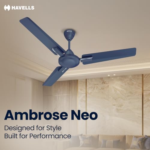 Image of Havells 1200mm Ambrose Neo Energy Saving Ceiling Fan| High Speed, High Air Delivery| Strong & Powerful Motor|Air Delivery: 220 m /min| Speed: 370 RPM| 2 Year Warranty |(Pack of 1, Matt Blue)