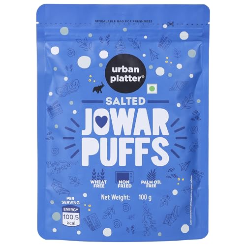 Urban Platter Salted Jowar Puffs (Puffed "popcorn" Sorghum) | Crispy, Non-Fried Jowar Snack | Gluten-Free & Wheat-Free | No Palm Oil | Rich in fibre & protein I low in calories and fat | Healthy snacking option for Tea-Time, Office, Travel & Anytime Snacking | 3.53 Oz (100g)