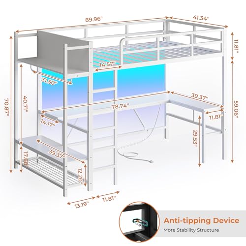 Itaar Twin Loft Bed with L-Shaped Desk, LED Lights and Charging Sation, Loft Bed Twin Size with 3-Tier Storage Shelves and Clothes Rail, Safety Guard & Ladder, No Box Spring Needed, White