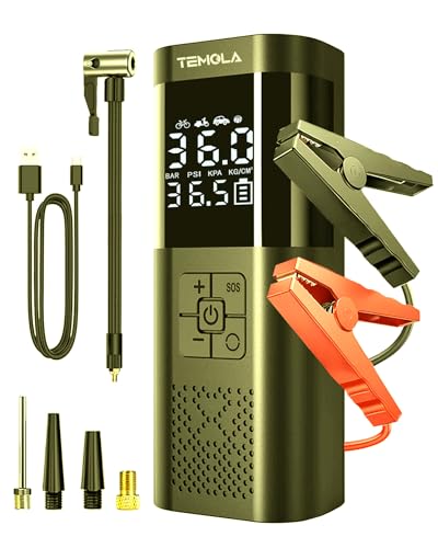 Image of TEMOLA Jump Starter with Air Compressor, 12V Battery Jumper Starter Portable, 150PSI Auto-Shutoff Tire Inflator with Smart Jumper Cables, LED Light & LCD Display for Gas & Diesel Engines
