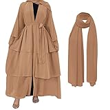 Muslim Chiffon Abaya for Women Open Front Cardigan Dress with Hijab Scarf Dubai Middle East Arabian Robe Islamic Full Length Dress Solid Loose Long Cardigan Kaftan Dresses Khaki Medium