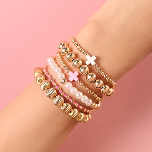 ecozran Gold Beaded Bracelets for Women Trendy Non Tarnish Gold Bracelet Stack Jewelry Sets, Paperclip and Cross Design Bracelets, Ideal as Birthday Gifts3