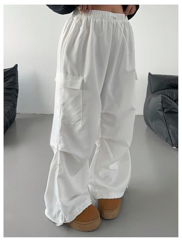 OYOANGLE Women's Plus Size Parachute Pants Elastic Drawstring Waist Wide Leg Cargo Pants Ruched Joggers3