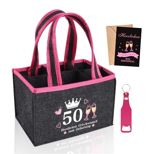 Originelle Geschenke 50 Geburtstag Bier Frau,Flaschentasche mit Flaschenöffne und Karte,für 6 Bierflaschen,Wein,Wiederverwendbare Handtasche,Happy Birthday für Frau,Freundin,Schwester, Bierträger (50)