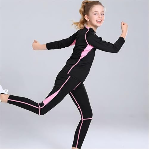 linboo Mädchen Sportanzug 2tlg Yoga Anzug mit Langen Ärmeln und Hosen, Elastisch, Outdoor eng anliegende Tanz- und Fitnessbekleidung für Kinder, Rosa, Herstellergröße：130 Geeignete 128-134