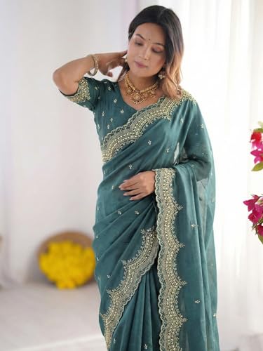 Image of SIRIL Women's Shimmer Georgette Scalloped Border Sequins Embroidery Saree with Unstitched Blouse Piece