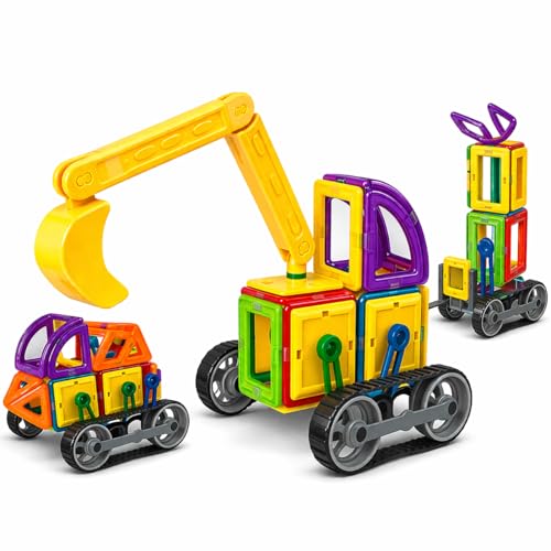 Image of 48 PCS Magnetic Building Blocks Construction Vehicle Set for Kids | Magnetic Tiles with Excavator, Crane, Trucks & Road Track | STEM Educational Toy for Boys & Girls Age 3+ Years