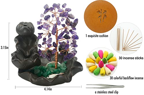 Ceramic Waterfall Incense Burner, Money Tree Backflow Incense Holder Healing Crystal Stone, With 30 Backflow Incense Cones + 30 Incense Stick For Yoga Meditation Home Zen Decoration(Amethyst) #TOP1
