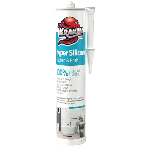 Kraken Bond Hyper Clear Caulking Sealant - (1x10.1 Fl. Oz) Fast Curing 100% Silicone Neutral for Kitchen & Bathroom, Bathtub, Shower and Sink, Low Odor, Waterproof, Anti Shrink Caulking, 1 Pack