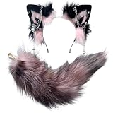 Cat Fox Wolf Ears and Tail Set for Adults- Plush Cosplay Clips Headband and Tail for Halloween, Costume Accessories,Animal Fluffy Gothic Punk Party 02ALL SI Bat PI BL PI