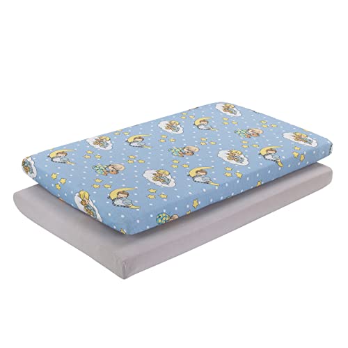 Image of 2 Pack n Play Mattress Sheets - 100% Jersey Knit Cotton Soft Portable Crib Mattress Sheet for Boys with Blue and Yellow Precious Moments Design; 2 Pk Playpen Mattress or Mini Crib Fitted Sheet Set