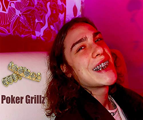 Canjoyn Gold Teeth Grillz For Men Grills For Your Teeth Women 18K Plated Iced Out Diamond Poker Heart Cz Top And Bottom Grill Set Hip Hop Rapper #TOP4