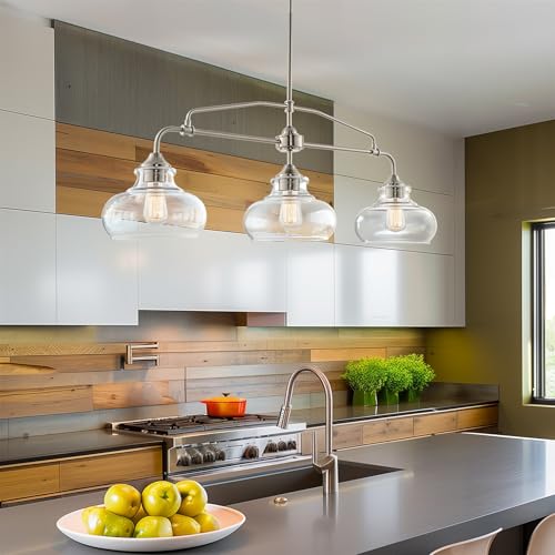 Kira Home Harlow 38" Modern Industrial Farmhouse/Schoolhouse 3-Light Island Light with Clear Glass Shades, Adjustable Hanging Height, Brushed Nickel Finish - Image 8