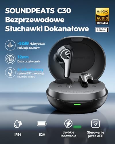 SOUNDPEATS C30 Bluetooth 6.0 Hybrydowe Bezprzewodowe Słuchawki Douszne z Aktywną Redukcją Szumu ANC 52dB i Certyfikacją Hi-Res Audio LDAC 12mm Duże Przetworniki 52h Odtwarzania 6 Mikrofonów Czarny