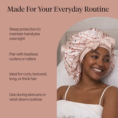 Kitsch XL Satin Bonnet for Sleeping - Softer Than Silk Bonnet For Sleeping Women - Secure Fit, Adjustable, Night Cap For Curly & Textured Hair - Prevents Breakage, Tangles & Thinning - Cherry Print