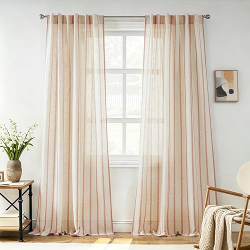 DriftAway Farmhouse Curtains for Living Room Vertical Striped Linen Window Curtains Semi Sheer Light Filtering Back Tab Rod Pocket, 84 Inches Long, 2 Panels, Pinstripe Red on Beige