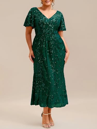 Image of Ever-Pretty Plus Women's Sequin V Neck Plus Size Prom Dress Mermaid Formal Cocktail Evening Dresses for Curvy Women