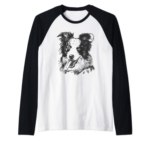 Perro Dibujo a Mano Preciosa Realista Border Collie Camiseta Manga Raglan