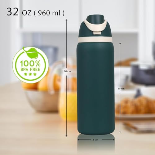 Image of FreeSip Gym Water Bottle with Straw & Chug Lid - Leak Proof Push Button Opening, BPA Free, Large Capacity Sports Bottle with Carry Handle (Dark Green, 960 ML)
