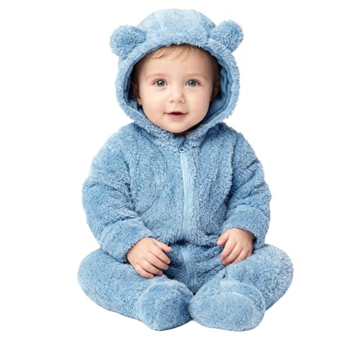 Baby Plush Long Sleeve Polar Fleece Jumpsuit With Bear Ears Baby Fleece Hooded Jumpsuit Infant Winter Outfit (Sky Blue, 6-9 Months)