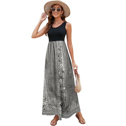 Image of Sherosa Women Boho Chevron Striped Floral Printed Summer Sleeveless Tank Long Maxi Party Dress