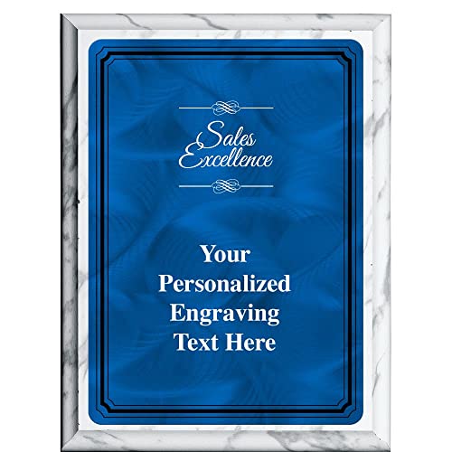 Crown Awards 7"X9" Blue Metal Plate Sales of Excellence Plaque, Personalized Sales of Excellence White Marbleized Plaque Award with Your Text Blue Plate Prime