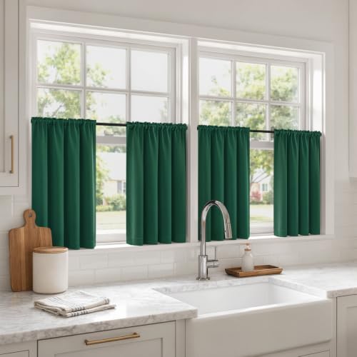 Image of MIULEE Set of 4 Hunter Green 45 Inch Short Blackout Kitchen Window Curtains | Bedroom Drapes, Light Blocking Privacy Curtains for Small Windows, Bathroom, RV /Motorhome, Laundry, Top&Bottom Rod Pocket
