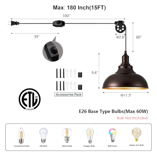 Image of Oil Rubbed Bronze Pendant Light Hanging Lamps for Living Room Plug in 15FT Dimmable Switch Adjustable Pulley Hanging Lights with Cord for Kitchen Bedroom 2 Pack
