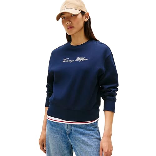 Tommy Hilfiger Women’s Round Neck Lurex Script Sweatshirt, Blue (Dark Night Navy), XS