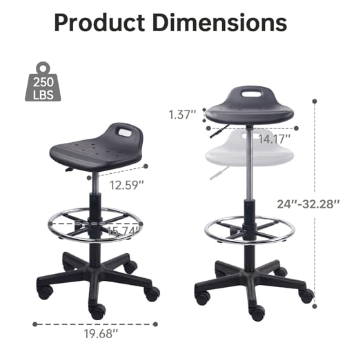Image of KLASIKA Drafting Rolling Stool Adjustable Height with Foot Rest Breathable Seat Cushion Swivel Stools with Wheels, Multi-Purpose Work Stool for Shop, Task, Salon, Black, 1 Pack