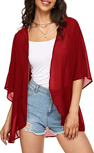 Image of Indian Trendy Women's Solid Puff Sleeve Kimono Cardigan Loose Cover Up Casual Blouse Top Chiffon
