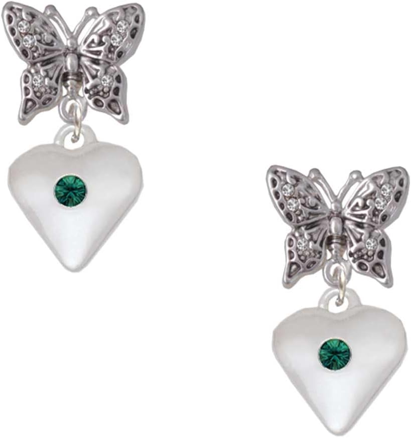 Delight Jewelry Silvertone Large Birthday Month Crystal Heart Silvertone Antiqued Butterfly Post Earrings