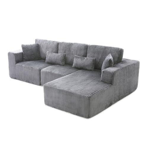 Image of L Shaped Modular Boneless Sectional Couches for Living Room, Wide Armrest, Deep Seat, Memory Foam, Assembly Free, Modern Comfy Corduroy Fluffy Cloud Sofa with Right Chaise, Grey