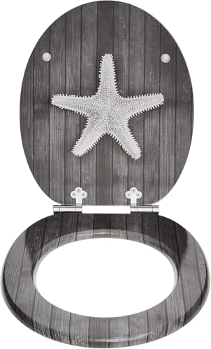 SINOBATH Wc Sitz Mit Absenkautomatik,Viele bunte Motive,Toilettendeckel aus Holz,Stabile QualitäT,Einfache Montage (Grauer Seestern)