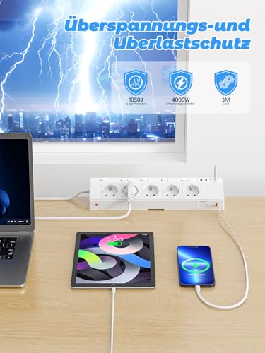 Steckdosenleiste Tischsteckdose mit 2 USB (PD 30W), 5 Fach Mehrfachsteckdose Steckerleiste Schreibtisch mit Überspannungsschutz & Einzeln Schaltbar, 10-in-1 Ecksteckdose mit 3M für Wohnzimmer, Weiß