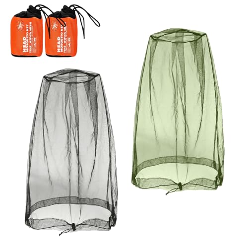 JINXIAN 2 Stück Moskito Kopfnetz mit 2 Stück Aufbewahrungstasche Moskitonetz Kopf Nylon Feinmaschig Fly Maske Kappe Hut für Imkerei Outdoor Wandern Angeln Camping(Schwarz+Grün)
