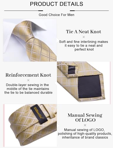 Image of DiBanGu Plaid Ties for Men Silk Checkered Necktie and Pocket Square Cufflinks Tie Clip Set with Gift Box for Wedding Business