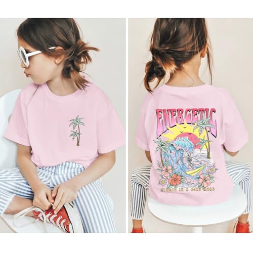 Image of KEEVICI Cute Girls Graphic Tees Beach Kids Hawaiian T Shirt Summer Cotton Letter Print Short Sleeve Shirts Vacation Tops