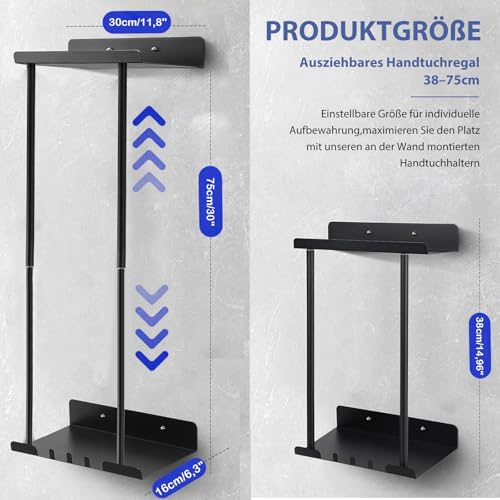 Handtuchhalter Ohne Bohren – Ausziehbares Handtuchregal 38–75 cm mit Haken Stabile Selbstklebend mit Ablage & Haken Gästehandtuchhalter Wandmontage Handtuchhalter Schwarz für Badezimmer & Gäste-WC (A)