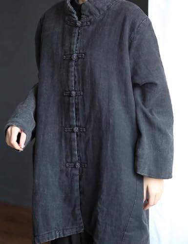 NFYM Traditional Chinese Style Jacket, Black Washed Linen Toggle Closure, Mandarin Collar Winter Coat (US, Alpha, One Size, Regular, Regular, Vintage Black)