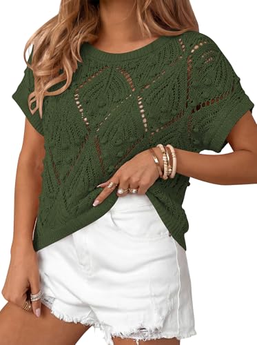 Image of Cakulo Womens Crochet Crop Tops 2026 Summer Short Sleeve Hollow Out Boho Sweater Beach Vacation Cruise Resort Wear