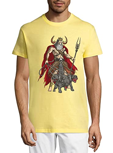 Greek God Hades with Cerberus Dog Crew Neck Camiseta para hombre, color amarillo, amarillo, S