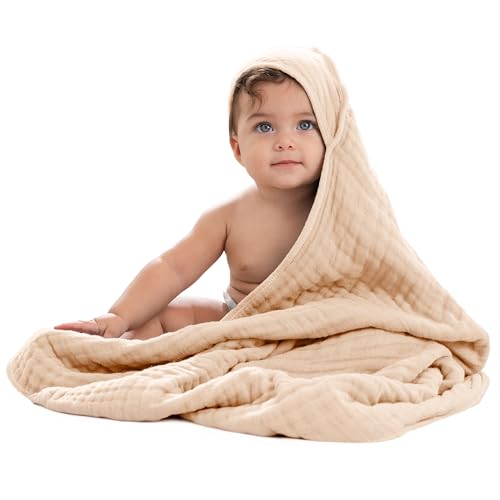Image of Comfy Cubs Hooded Baby Towel 1-Pack, Large 32 x 32 Inch - 6 Layer 100% Muslin Cotton for Babies, Toddlers and Kids - Soft & Absorbent Baby Bath Towels - Unisex Design for Bath Time - Cream