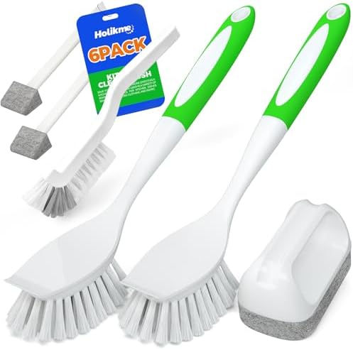 Holikme 7 Pack Kitchen Cleaning Brush Set, Dish Brush for Cleaning, Kitchen Scrub Brush&Bendable Clean Brush&Groove Gap Brush&Scouring Pad for Pot and Pan, Kitchen Sink, Green