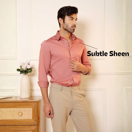 Image of SUBTRACT Men's Slim Fit Solid Spread Collar Cotton Satin Evening Shirt | Stylish Men's Wear Shirt for Office or Party